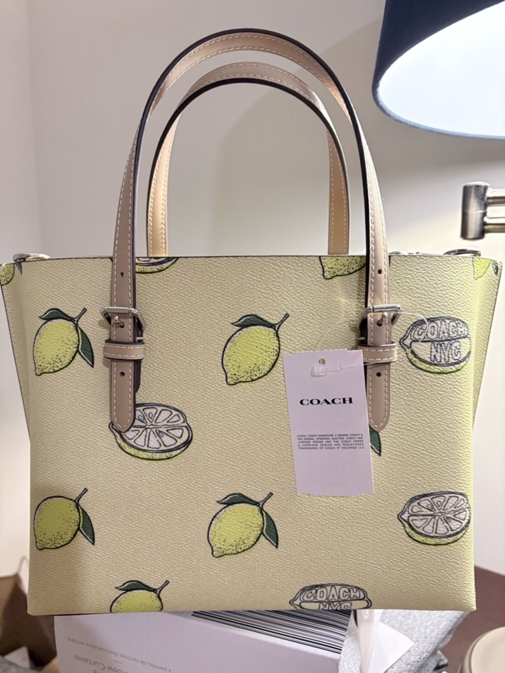 Coach Lemon-Print Leather Tote in Pale Yellow with Tan Handles